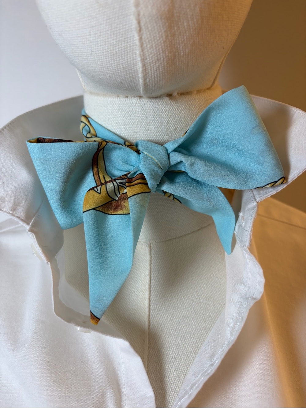 Soft Sky Blue & Gold Crown Print Twilly Scarf